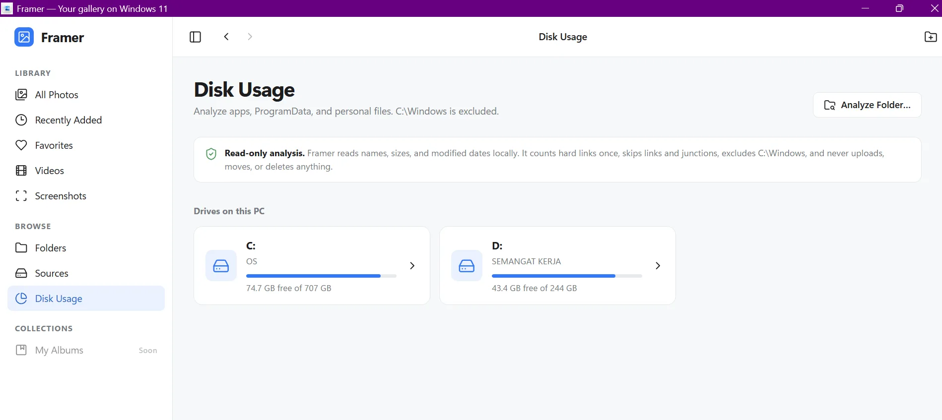 framer disk usage pilih drive c dan d